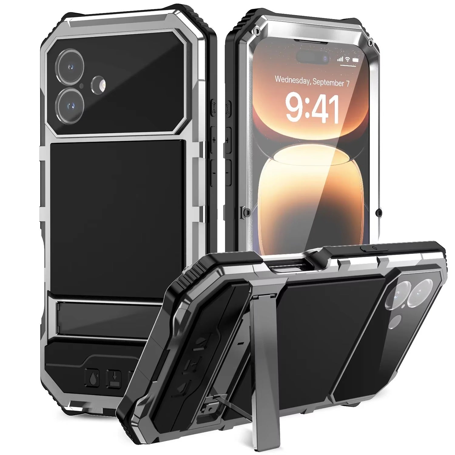 Rugged iPhone Case — Heavy-Duty Aluminum Armor Cover with Built-In Glass Screen & Lens Protectors, Shockproof Dual-Layer Design and Kickstand for Outdoor Use