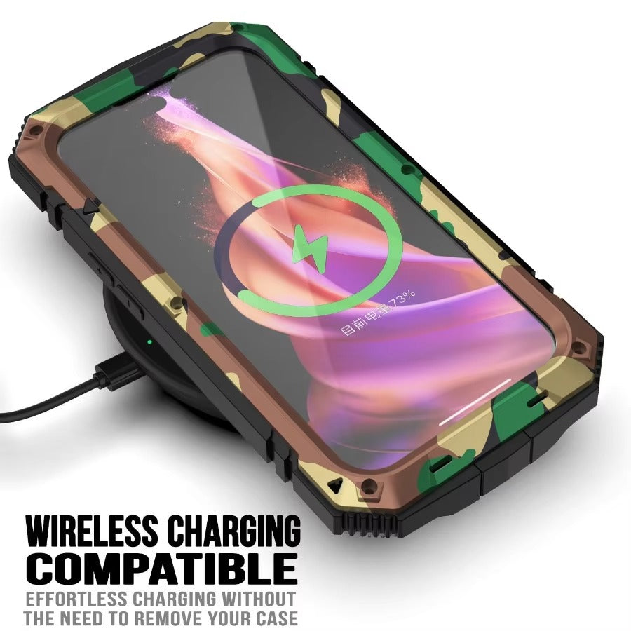Rugged iPhone Case — Heavy-Duty Aluminum Metal Armor Cover with Tempered Glass Screen, Shockproof IP54 Water-Resistant Full-Body Protection and Kickstand