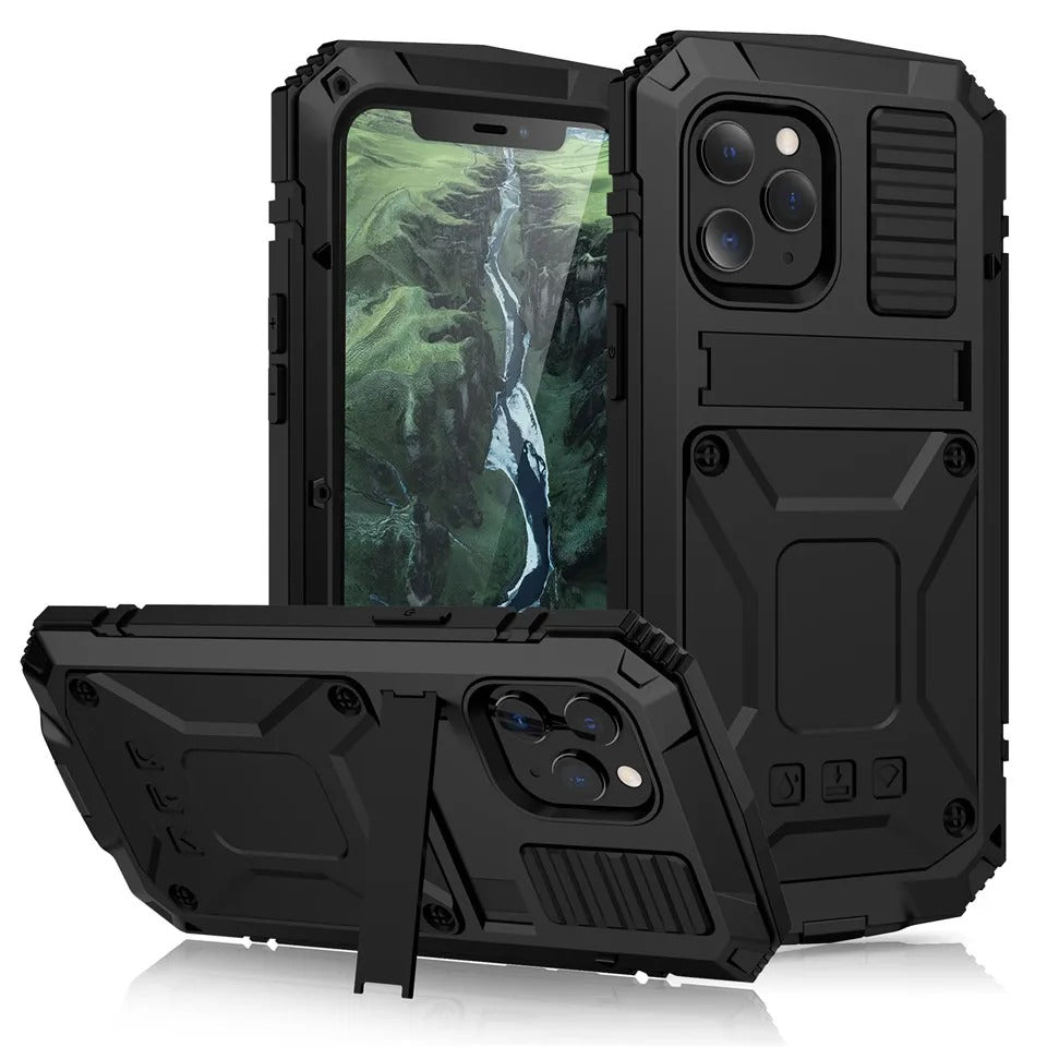 Rugged iPhone Case — Heavy-Duty Aluminum Metal Armor Cover with Tempered Glass Screen, Shockproof IP54 Water-Resistant Full-Body Protection and Kickstand