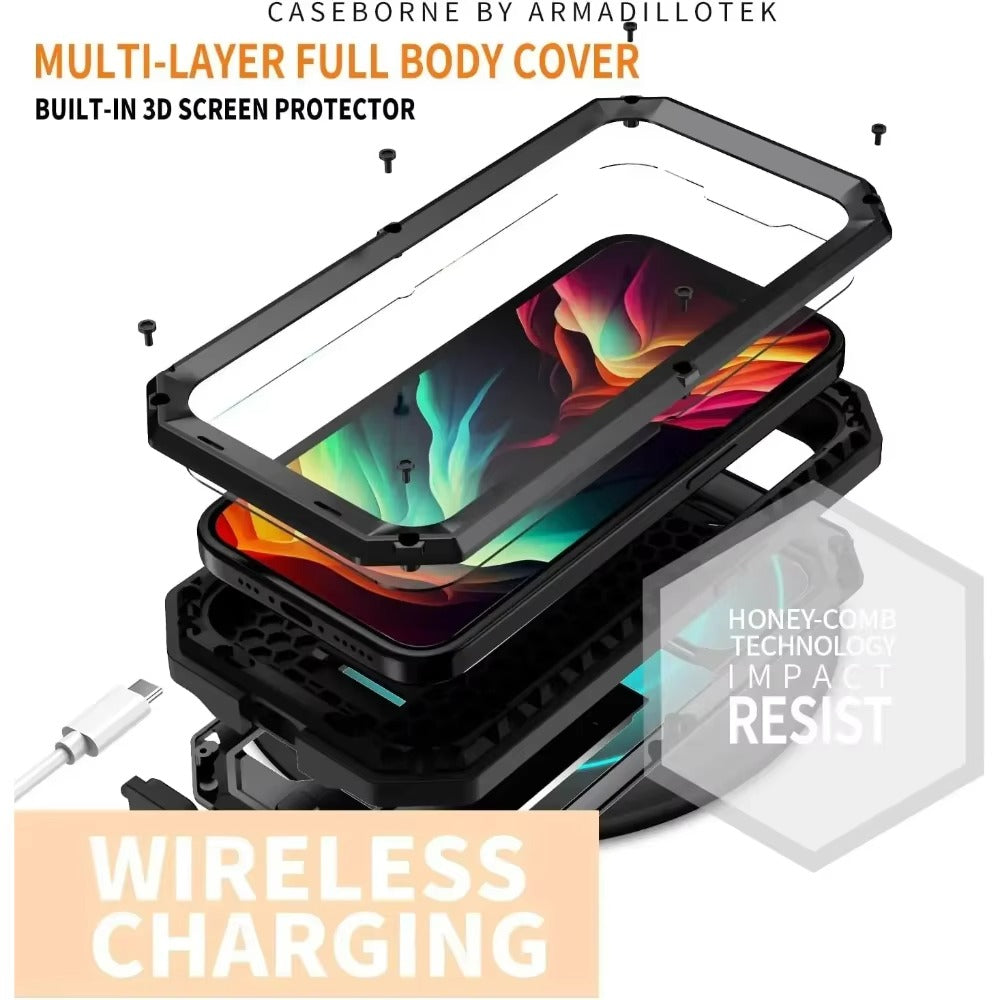 Rugged iPhone Case — Heavy-Duty Aluminum Metal Cover with Built-In Tempered Glass Screen Protector, Military-Grade Shockproof Design and Dustproof Anti-Fingerprint Protection