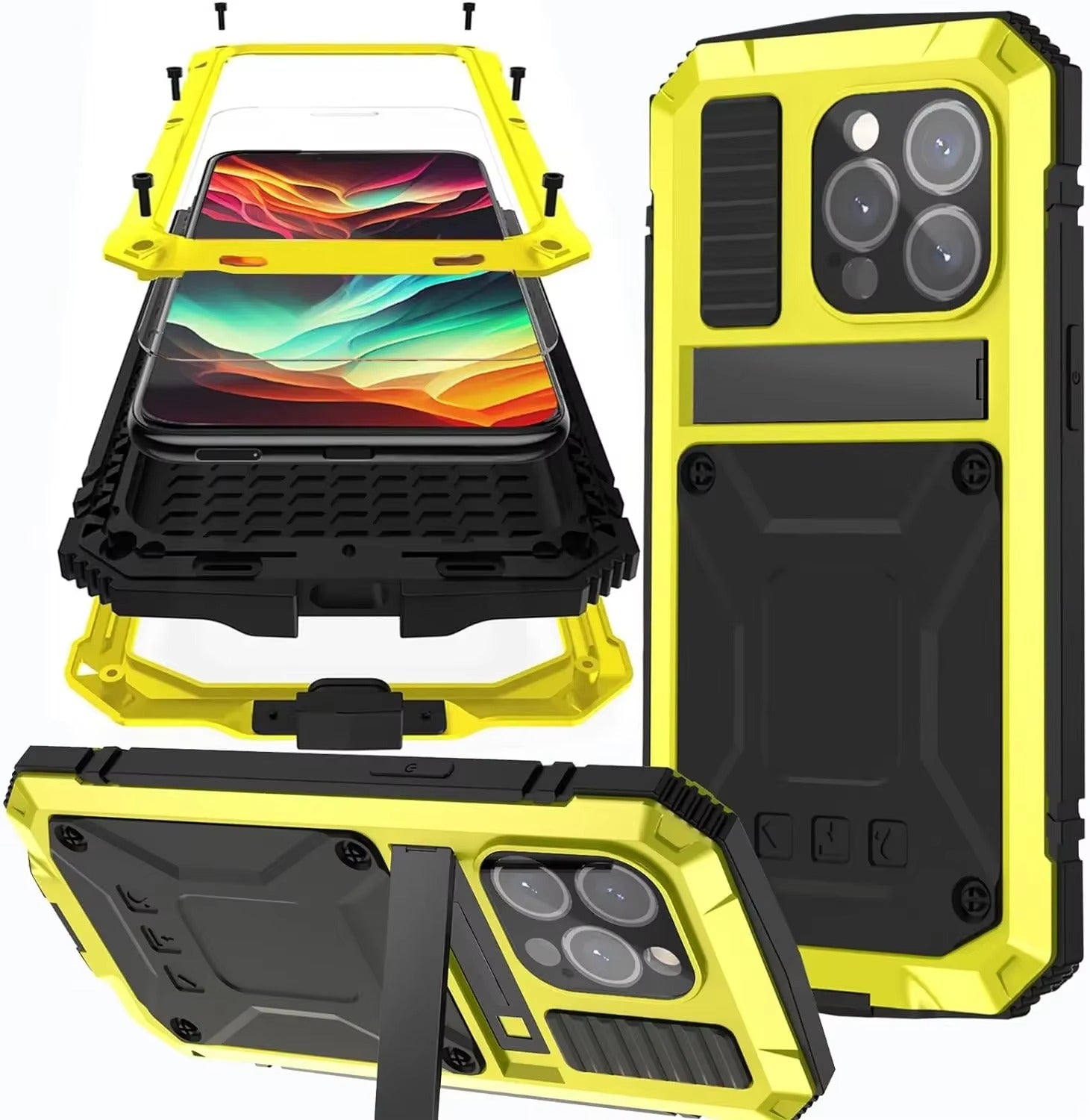Rugged iPhone Case — Heavy-Duty Aluminum Metal Cover with Screen & Lens Protector, Dual-Layer Shockproof Design, IP54 Dustproof Water-Resistant Finish