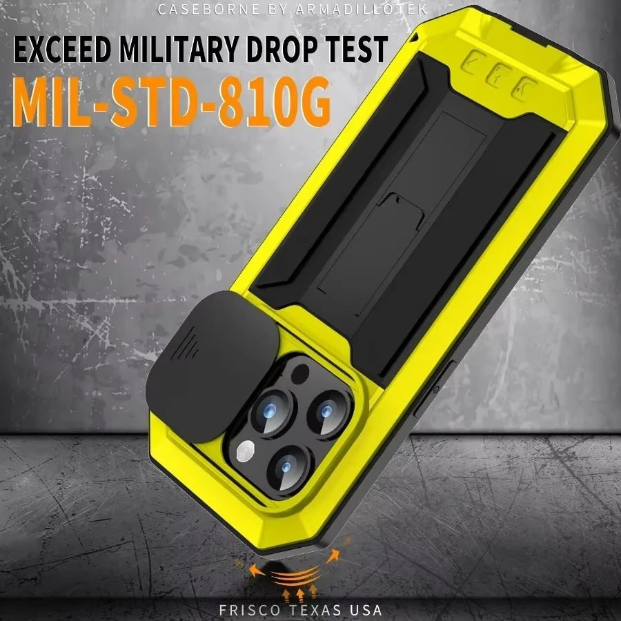 Rugged iPhone Case — Heavy-Duty Aluminum Metal Full-Body Cover with Tempered Glass Screen & Lens Slider, Shockproof Dual-Layer Protection and Multi-Angle Kickstand