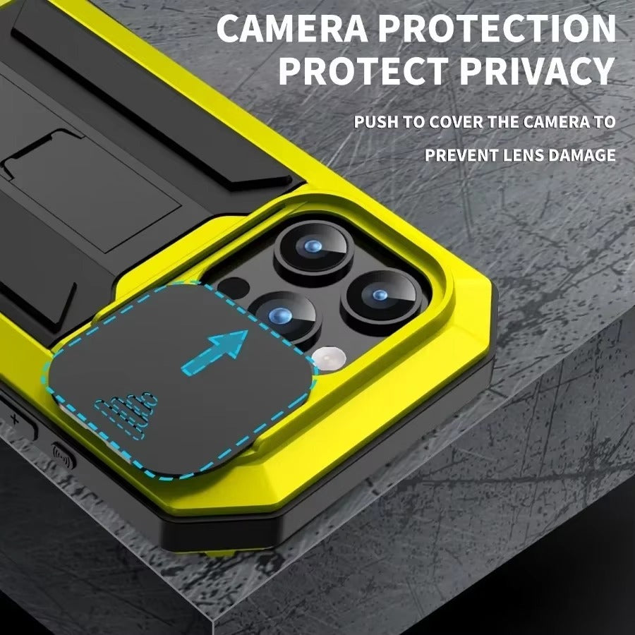 Rugged iPhone Case — Heavy-Duty Aluminum Metal Full-Body Cover with Tempered Glass Screen & Lens Slider, Shockproof Dual-Layer Protection and Multi-Angle Kickstand