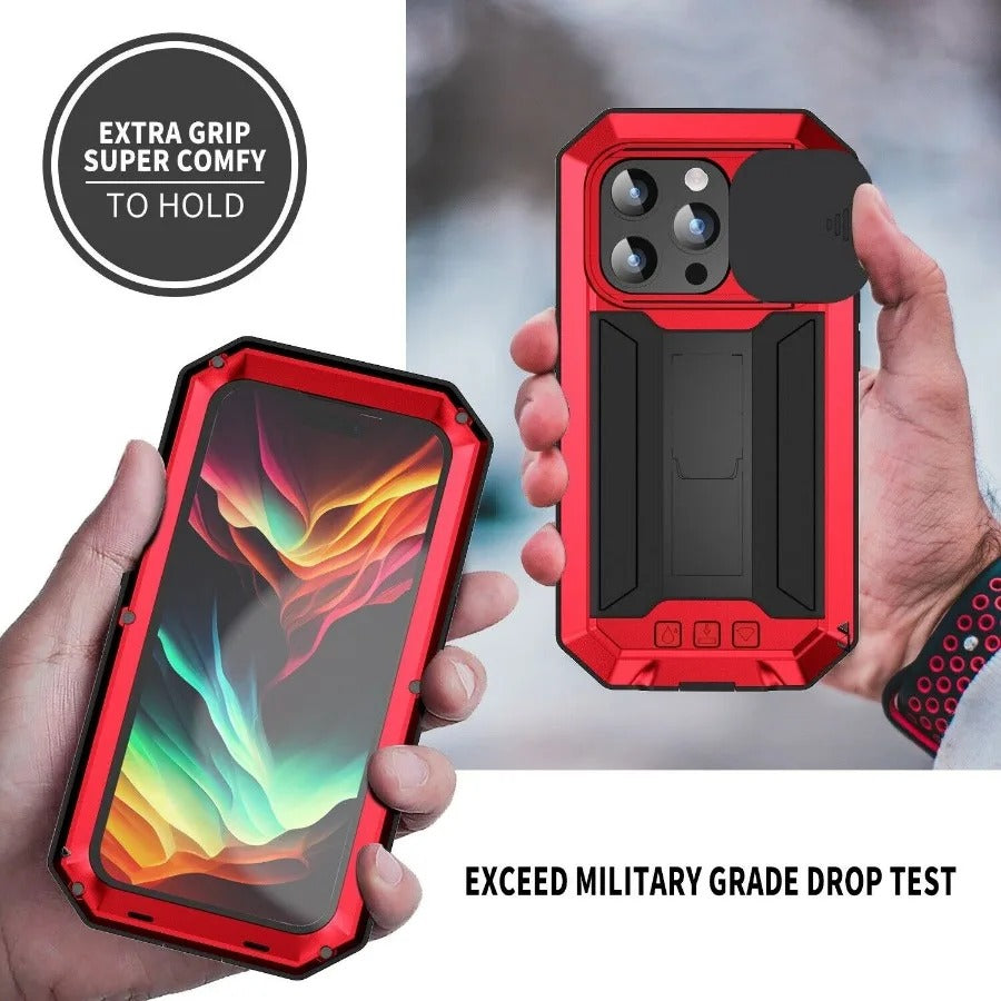 Rugged iPhone Case — Heavy-Duty Aluminum Metal Full-Body Cover with Tempered Glass Screen & Lens Slider, Shockproof Dual-Layer Protection and Multi-Angle Kickstand