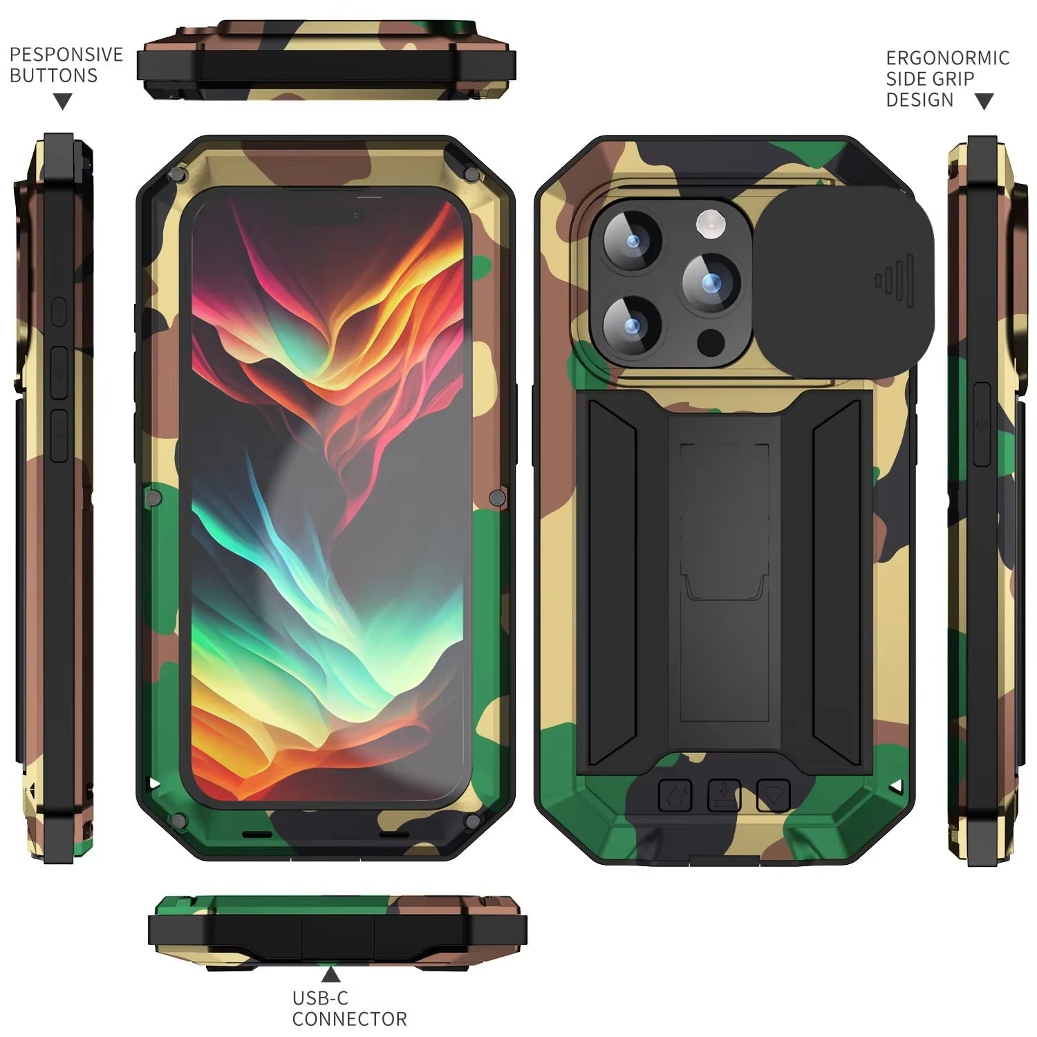 Rugged iPhone Case — Heavy-Duty Aluminum Metal Full-Body Cover with Tempered Glass Screen & Lens Slider, Shockproof Dual-Layer Protection and Multi-Angle Kickstand
