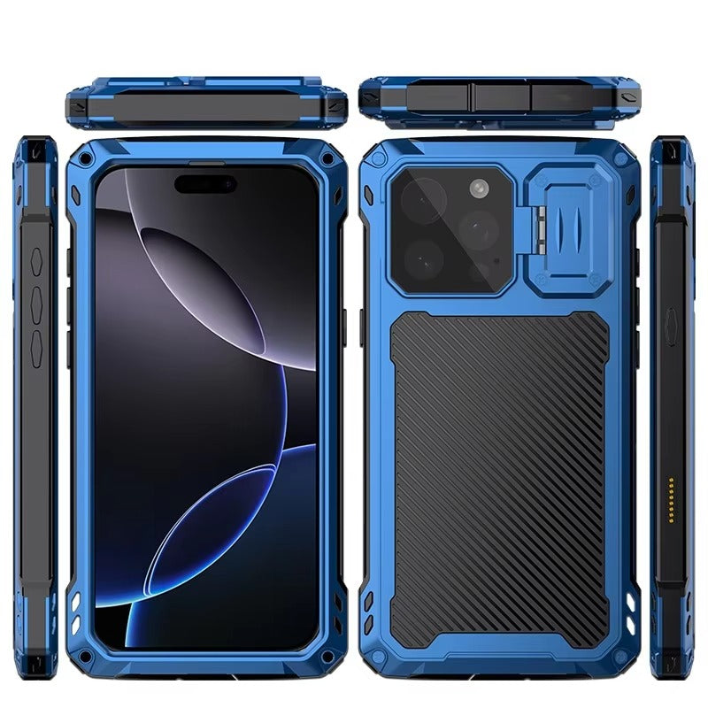 Rugged iPhone Case — Heavy-Duty Metal MagSafe Cover with Camera Guard Kickstand, 9H Screen & Lens Protectors, Dual-Layer Aluminum Bumper & Military-Grade Shockproof Design
