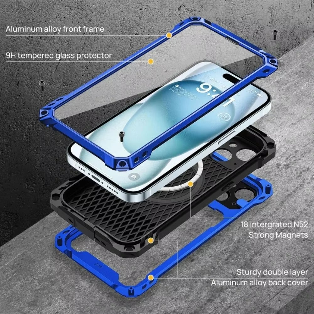 Rugged iPhone Case — Heavy-Duty Metal MagSafe Cover with Camera Guard Kickstand, 9H Screen & Lens Protectors, Dual-Layer Aluminum Bumper & Military-Grade Shockproof Design