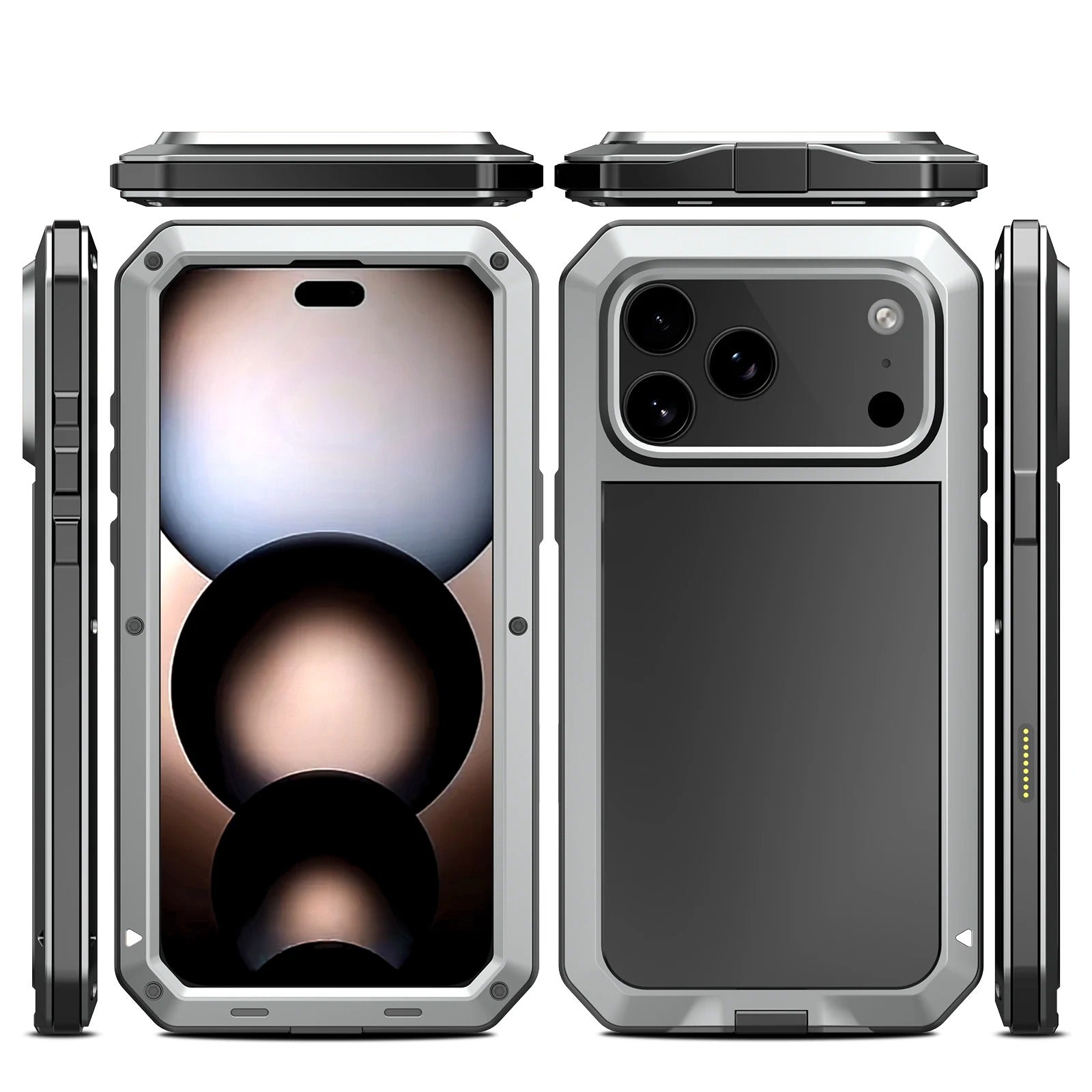 Rugged iPhone Case — Heavy-Duty Metal Protective Cover with Built-In Glass Screen Protector and Tough Shockproof TPU+PC Design