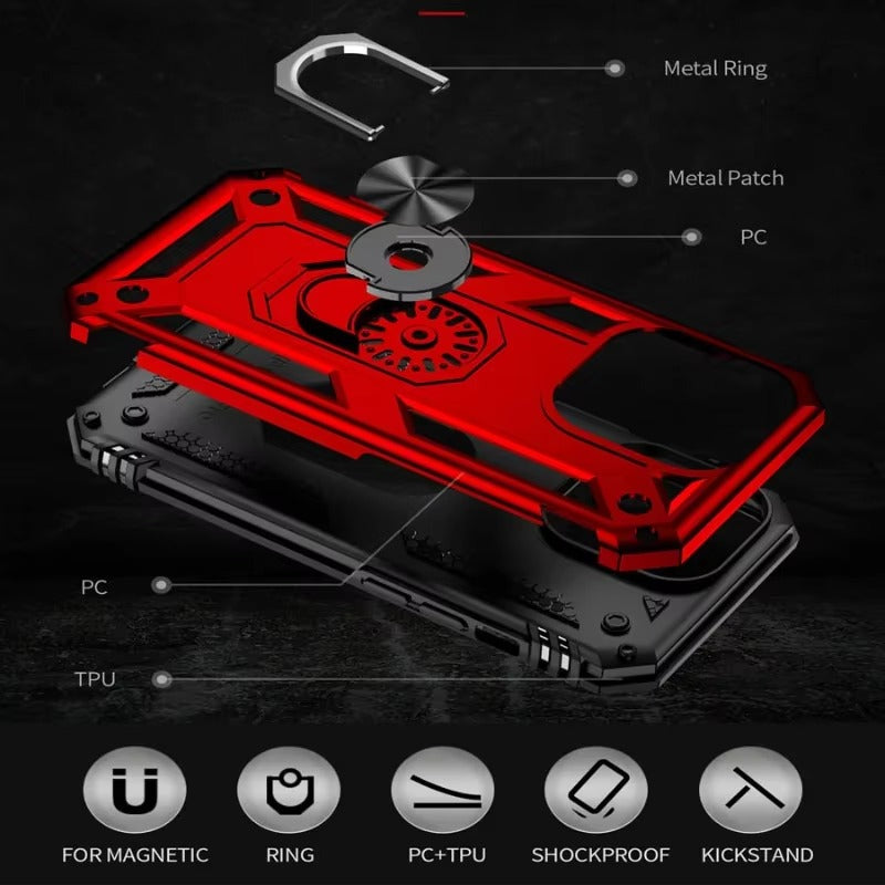 Rugged iPhone Case — Heavy-Duty PC+TPU Protective Cover with Metal Bracket Holder and Shockproof Anti-Fall Design