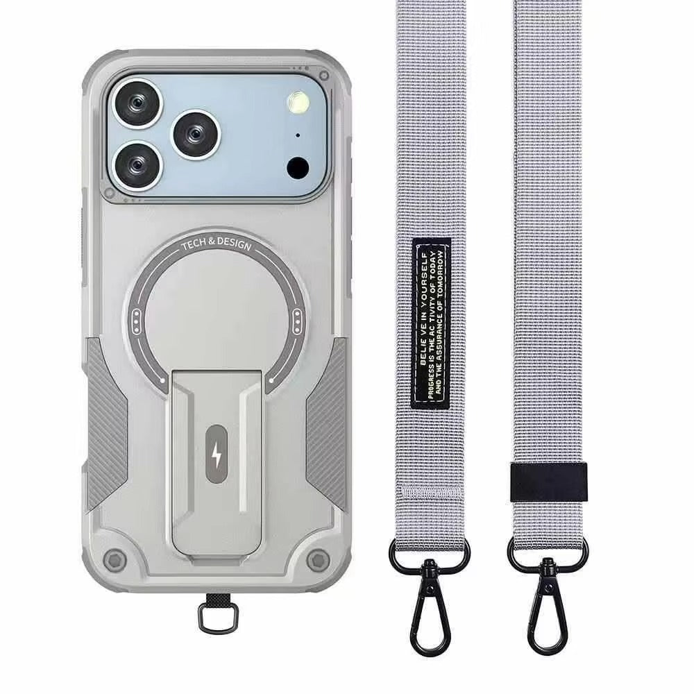 Rugged iPhone Case — Hybrid Shockproof Magnetic Cover with Kickstand, Adjustable Lanyard Strap and Dual-Layer Hard PC Protection
