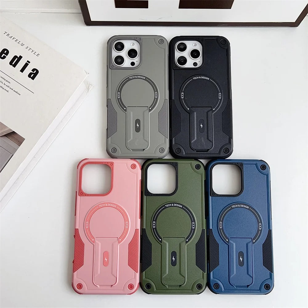Rugged iPhone Case — Hybrid Shockproof Magnetic Cover with Kickstand, Adjustable Lanyard Strap and Dual-Layer Hard PC Protection