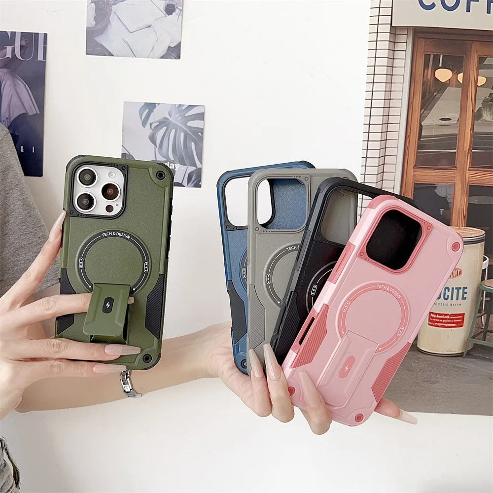 Rugged iPhone Case — Hybrid Shockproof Magnetic Cover with Kickstand, Adjustable Lanyard Strap and Dual-Layer Hard PC Protection