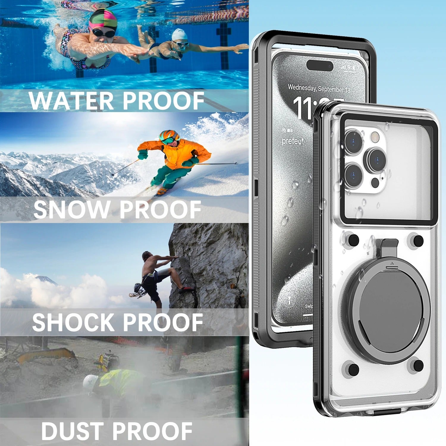 Rugged iPhone Case — IP68 Universal Waterproof Diving Pouch with 15m Protection, Airbag Vacuum Seal, Self-Check Waterproof System and TPU + Nylon Full-Screen Touch Design