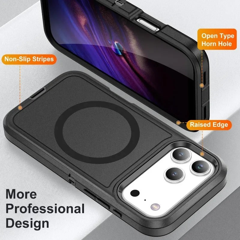 Rugged iPhone Case — MagSafe Armor Shockproof PC+TPU Defender Cover with Impact-Resistant Anti-Slip Durable Protection