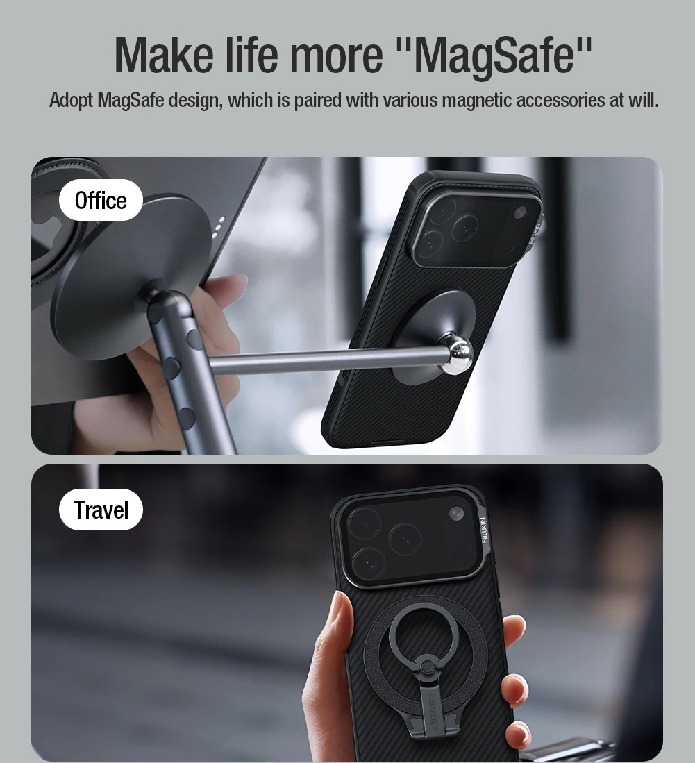 Rugged iPhone Case — MagSafe CamShield Cover with Foldable Lens Stand, Shockproof Textured PC Half-Wrapped Non-Slip Protective Design