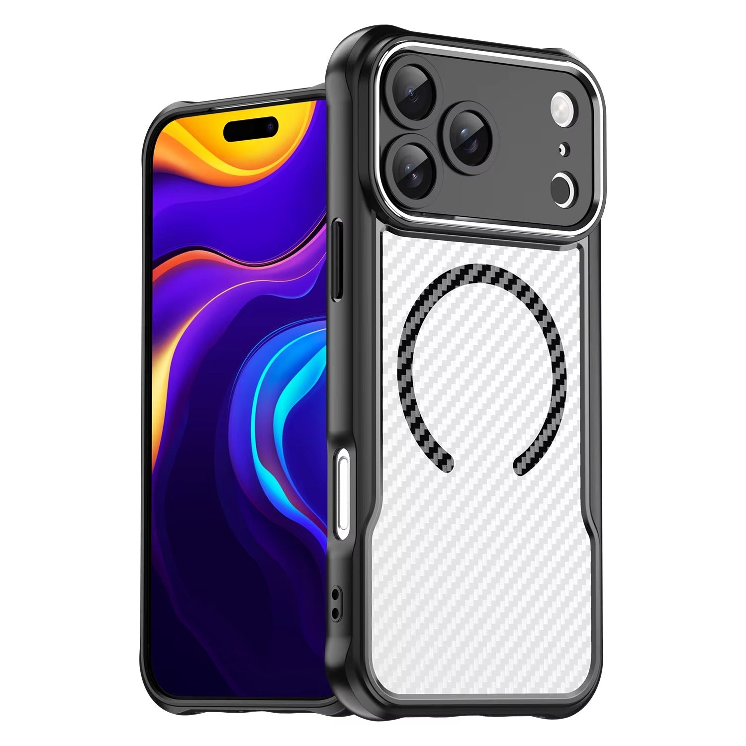 Rugged iPhone Case — MagSafe Carbon-Fiber Textured Shockproof Bumper Cover with Anti-Fingerprint Anti-Scratch Non-Slip Design