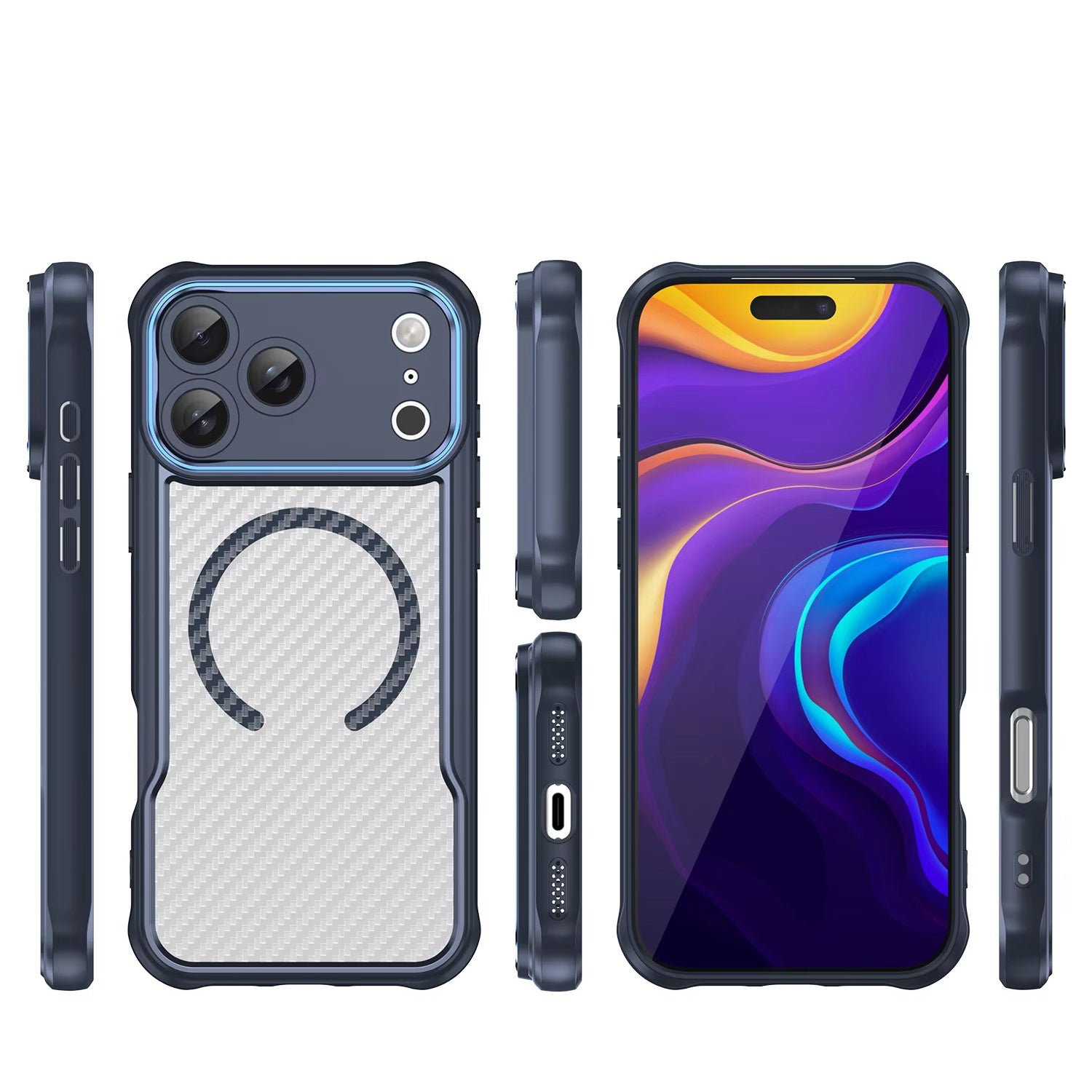 Rugged iPhone Case — MagSafe Carbon-Fiber Textured Shockproof Bumper Cover with Anti-Fingerprint Anti-Scratch Non-Slip Design