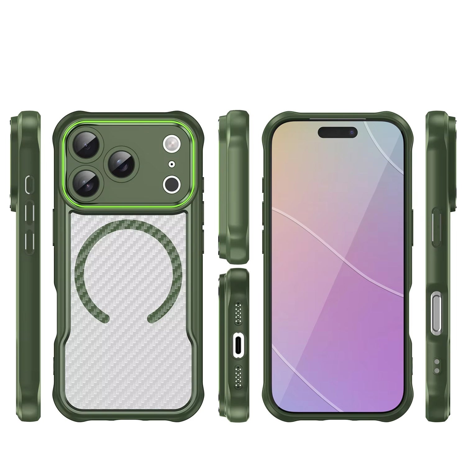 Rugged iPhone Case — MagSafe Carbon-Fiber Textured Shockproof Bumper Cover with Anti-Fingerprint Anti-Scratch Non-Slip Design