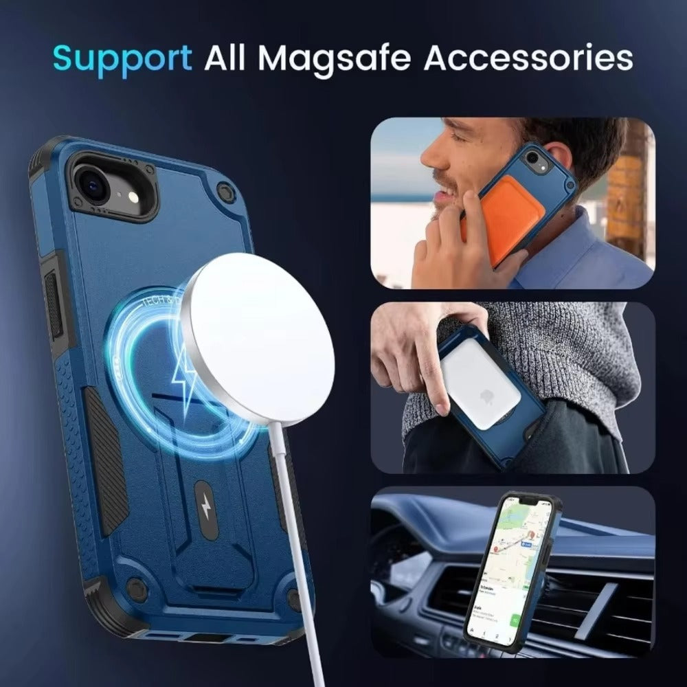 Rugged iPhone Case — MagSafe Shockproof PC+TPU Armor Cover with Magnetic Bracket Stand, Cross-Body Lanyard Support and Heavy Mechanical Design