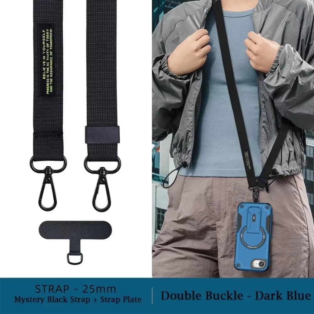 Rugged iPhone Case — MagSafe Shockproof PC+TPU Armor Cover with Magnetic Bracket Stand, Cross-Body Lanyard Support and Heavy Mechanical Design