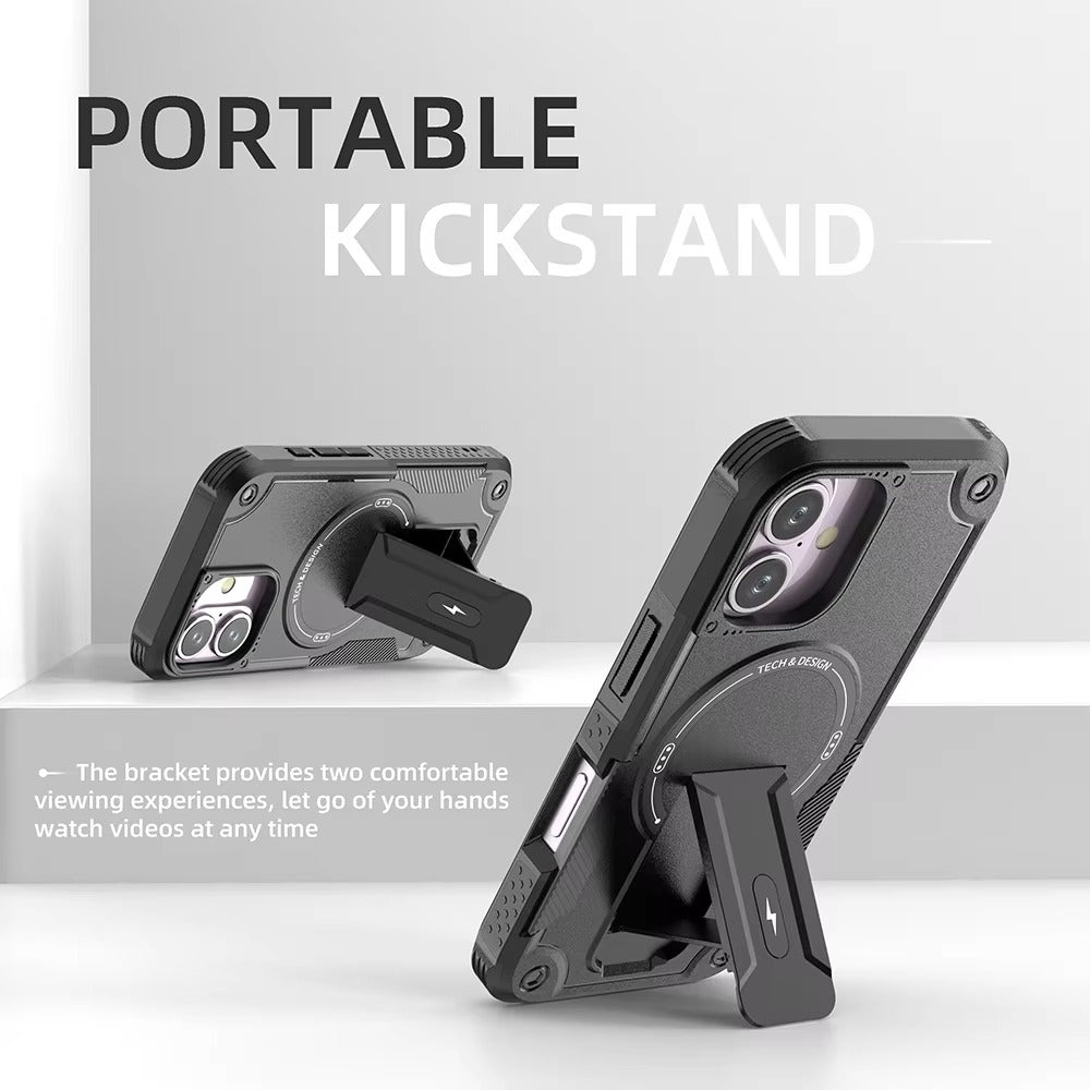 Rugged iPhone Case — MagSafe Shockproof PC+TPU Armor Cover with Magnetic Bracket Stand, Cross-Body Lanyard Support and Heavy Mechanical Design