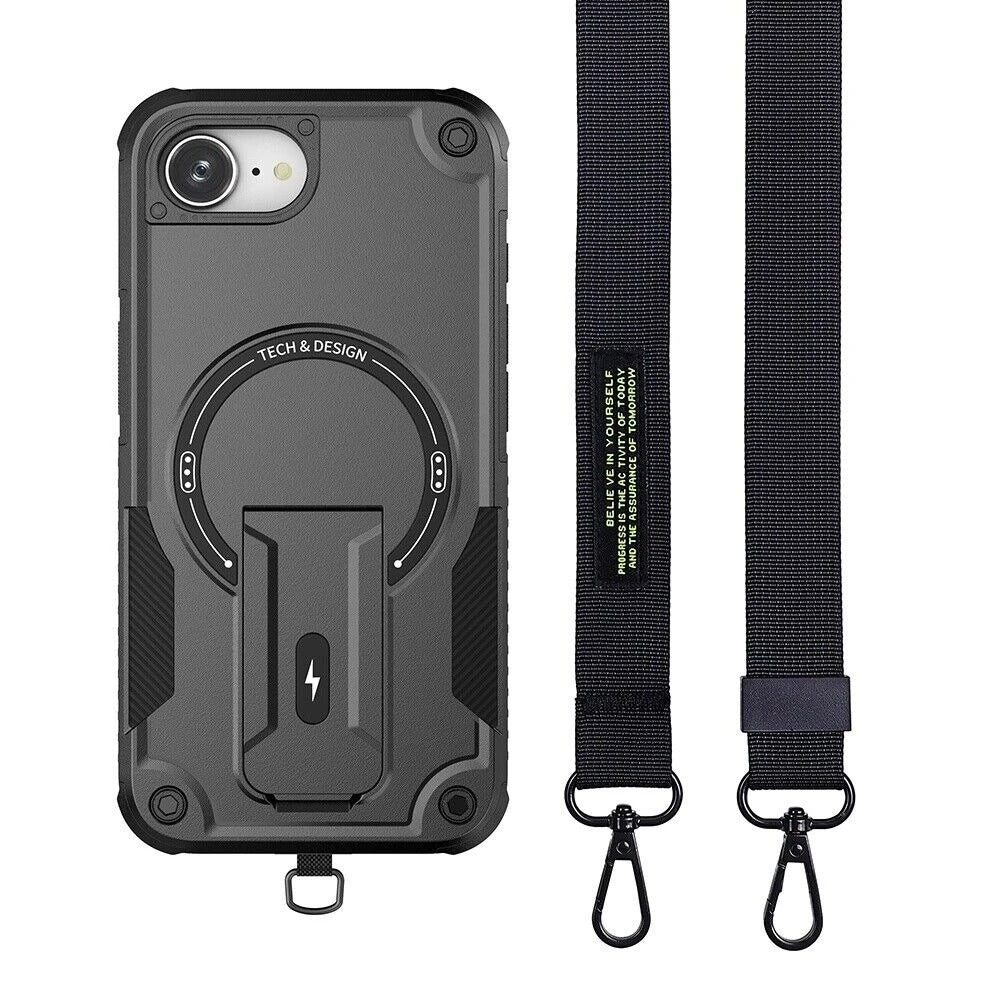 Rugged iPhone Case — MagSafe Shockproof PC+TPU Armor Cover with Magnetic Bracket Stand, Cross-Body Lanyard Support and Heavy Mechanical Design