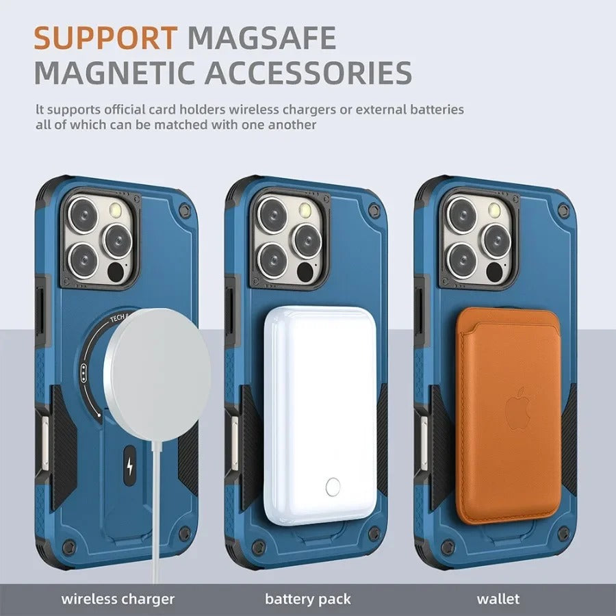 Rugged iPhone Case — MagSafe Shockproof PC+TPU Armor Cover with Magnetic Bracket Stand, Cross-Body Lanyard Support and Heavy Mechanical Design