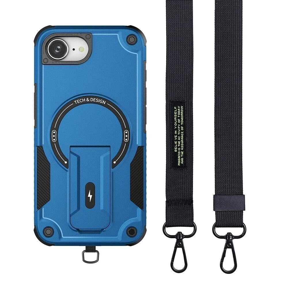 Rugged iPhone Case — MagSafe Shockproof PC+TPU Armor Cover with Magnetic Bracket Stand, Cross-Body Lanyard Support and Heavy Mechanical Design