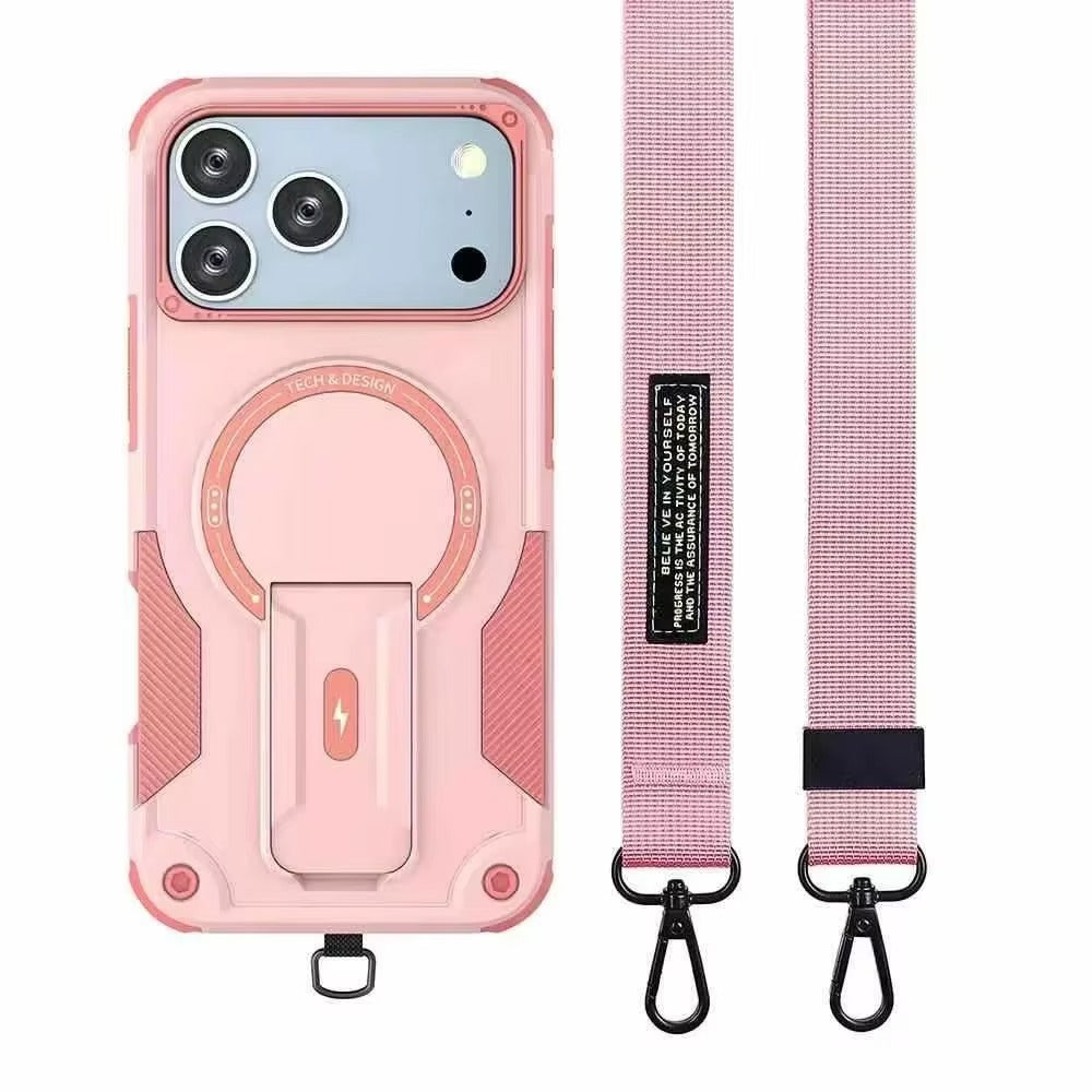 Rugged iPhone Case — MagSafe Shockproof PC+TPU Armor Cover with Magnetic Bracket Stand, Cross-Body Lanyard Support and Heavy Mechanical Design