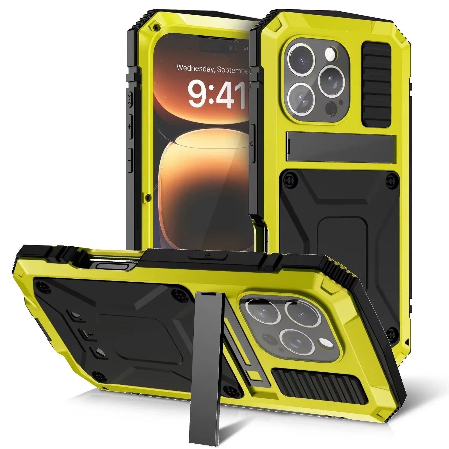 Rugged iPhone Case — Military-Grade Aluminum Tank Armor Cover with 360° Shockproof Protection, Tempered-Glass Screen Guard, Dustproof Heavy-Duty Design and Kickstand