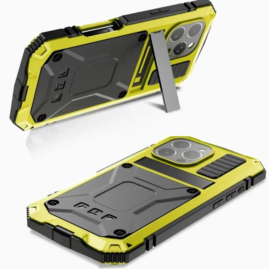 Rugged iPhone Case — Military-Grade Aluminum Tank Armor Cover with 360° Shockproof Protection, Tempered-Glass Screen Guard, Dustproof Heavy-Duty Design and Kickstand