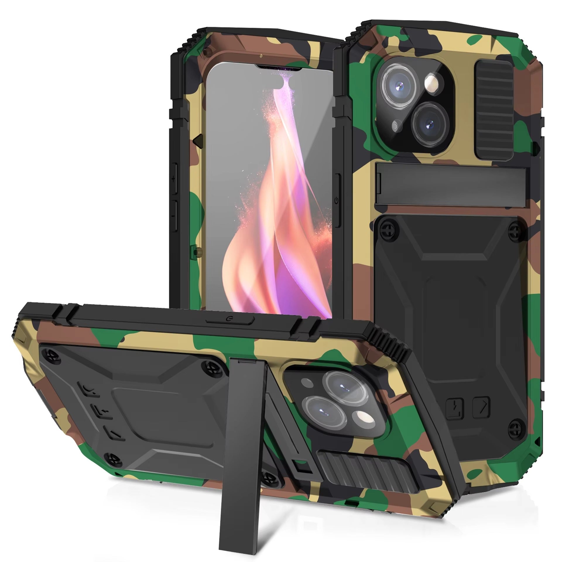 Rugged iPhone Case — Military-Grade Aluminum Tank Armor Cover with 360° Shockproof Protection, Tempered-Glass Screen Guard, Dustproof Heavy-Duty Design and Kickstand