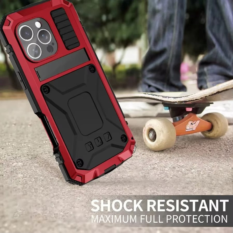 Rugged iPhone Case — Military-Grade Aluminum Tank Armor Cover with 360° Shockproof Protection, Tempered-Glass Screen Guard, Dustproof Heavy-Duty Design and Kickstand