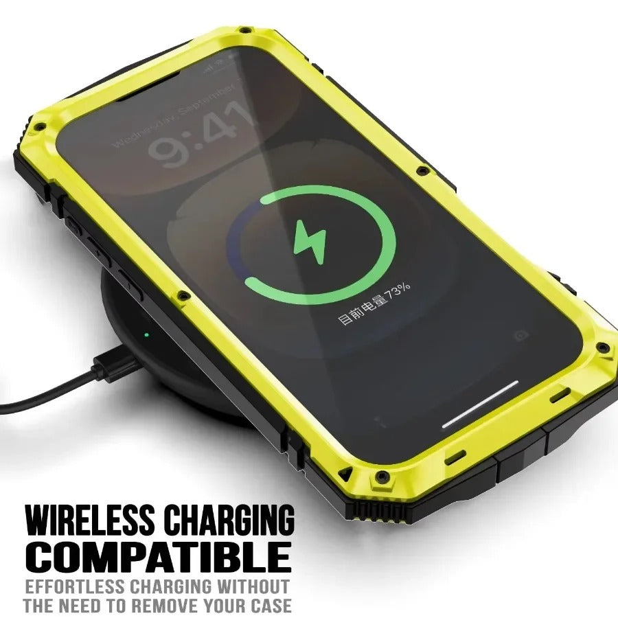 Rugged iPhone Case — Military-Grade Aluminum Tank Armor Cover with 360° Shockproof Protection, Tempered-Glass Screen Guard, Dustproof Heavy-Duty Design and Kickstand