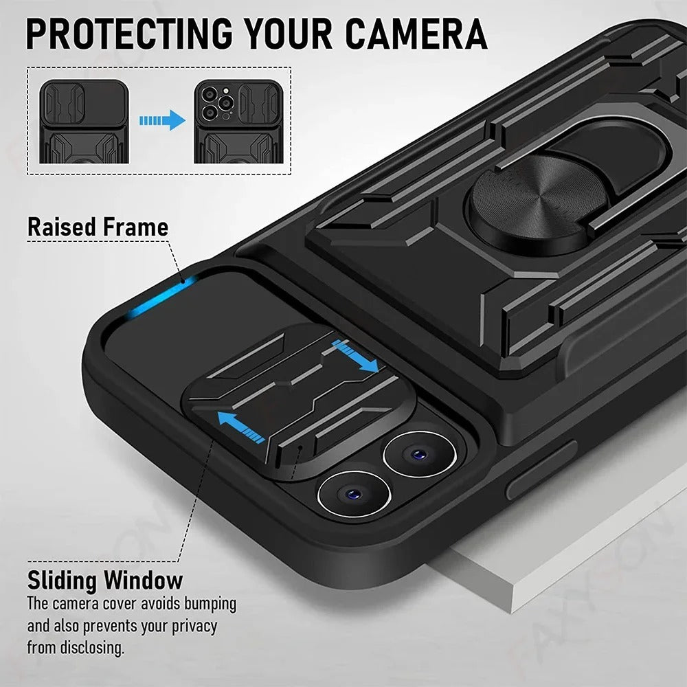 Rugged iPhone Case — Military-Grade Magnetic Bumper Cover with Slide Camera Protection, 360° Ring Kickstand, Card Slot Wallet Design and Shockproof PC+TPU Build