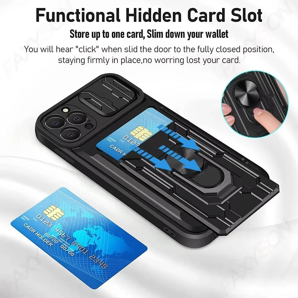 Rugged iPhone Case — Military-Grade Magnetic Bumper Cover with Slide Camera Protection, 360° Ring Kickstand, Card Slot Wallet Design and Shockproof PC+TPU Build