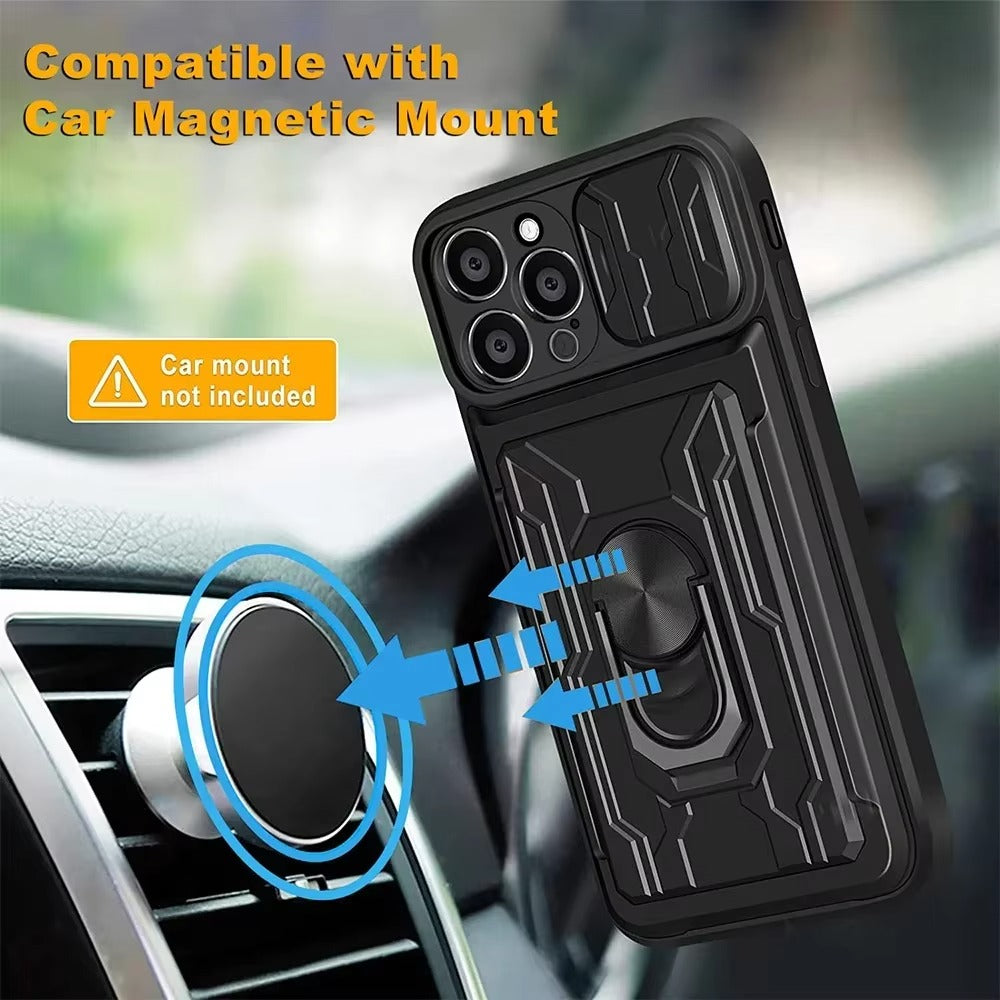 Rugged iPhone Case — Military-Grade Magnetic Bumper Cover with Slide Camera Protection, 360° Ring Kickstand, Card Slot Wallet Design and Shockproof PC+TPU Build