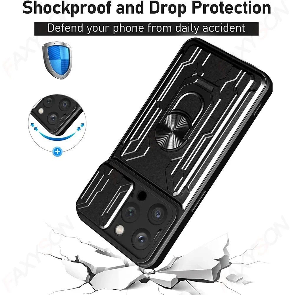 Rugged iPhone Case — Military-Grade Magnetic Bumper Cover with Slide Camera Protection, 360° Ring Kickstand, Card Slot Wallet Design and Shockproof PC+TPU Build