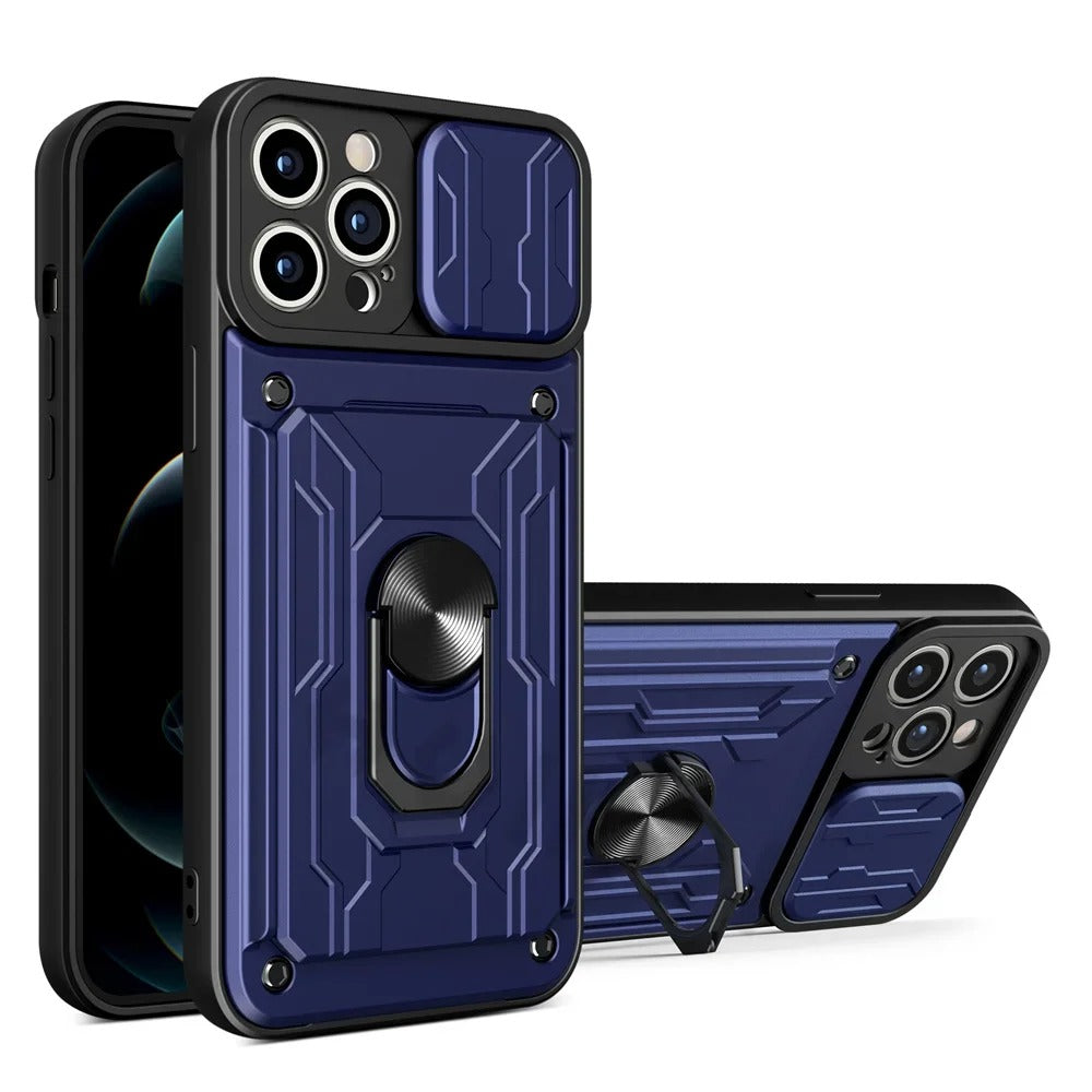 Rugged iPhone Case — Military-Grade Magnetic Bumper Cover with Slide Camera Protection, 360° Ring Kickstand, Card Slot Wallet Design and Shockproof PC+TPU Build