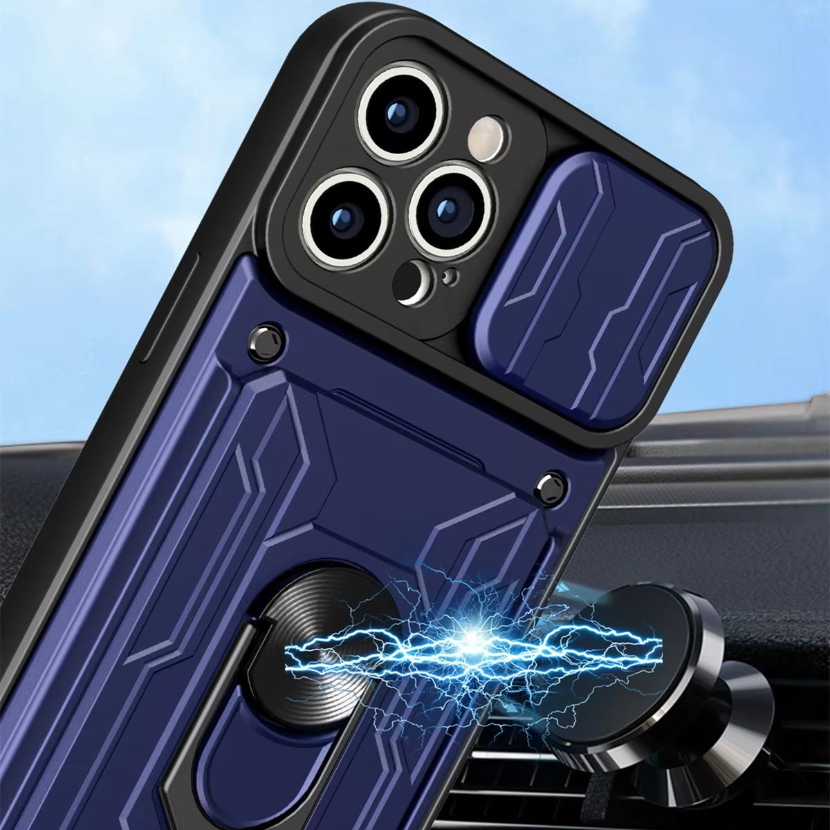 Rugged iPhone Case — Military-Grade Magnetic Bumper Cover with Slide Camera Protection, 360° Ring Kickstand, Card Slot Wallet Design and Shockproof PC+TPU Build