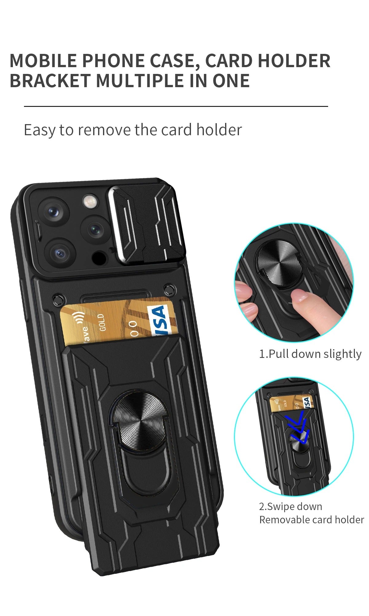 Rugged iPhone Heavy Duty Case with Card Pocket — Dual Layer Shockproof Armor Cover, 360° Ring Stand Holder, Magnetic Mount Compatible, Full Edge Protection