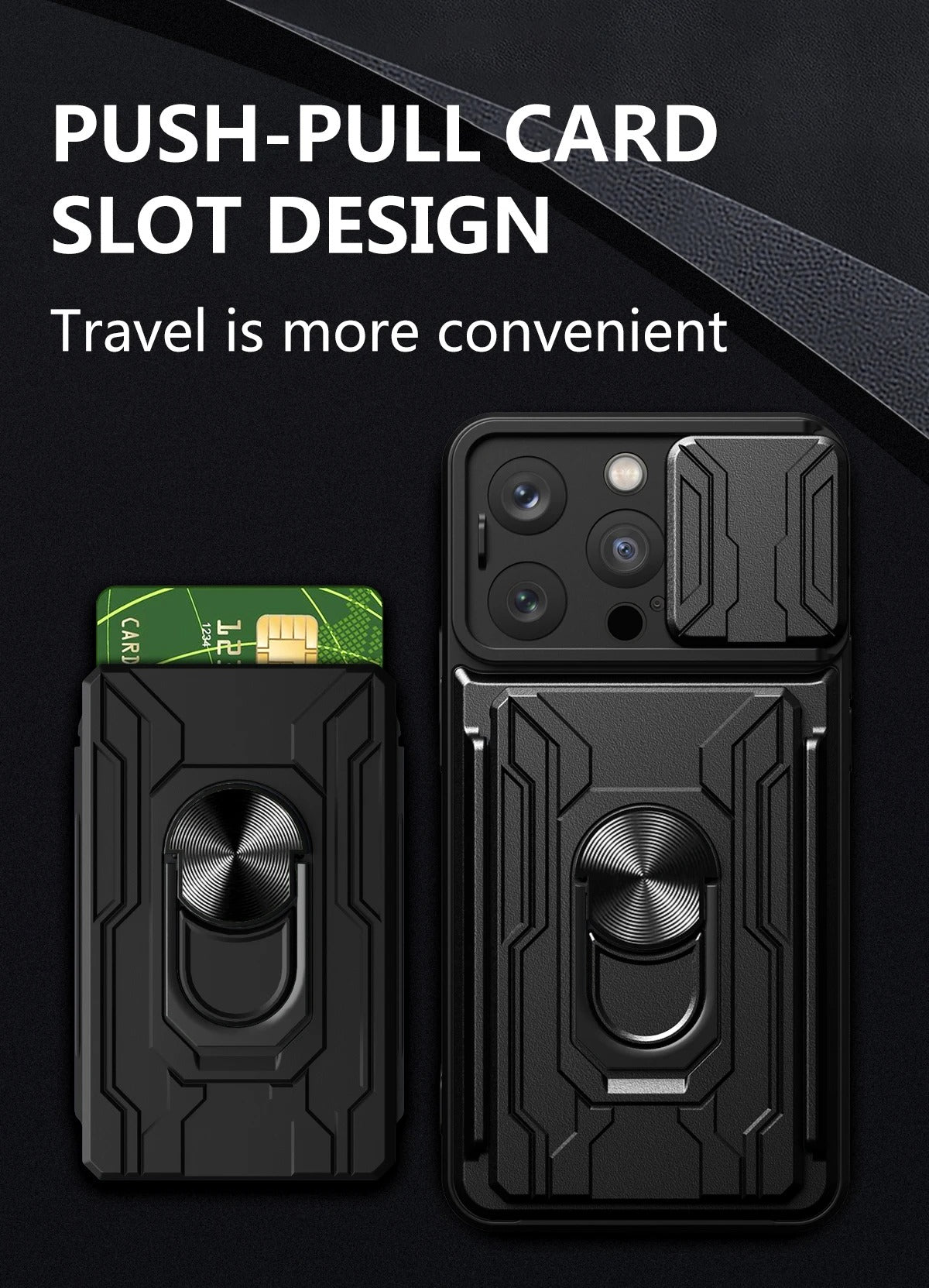Rugged iPhone Heavy Duty Case with Card Pocket — Dual Layer Shockproof Armor Cover, 360° Ring Stand Holder, Magnetic Mount Compatible, Full Edge Protection
