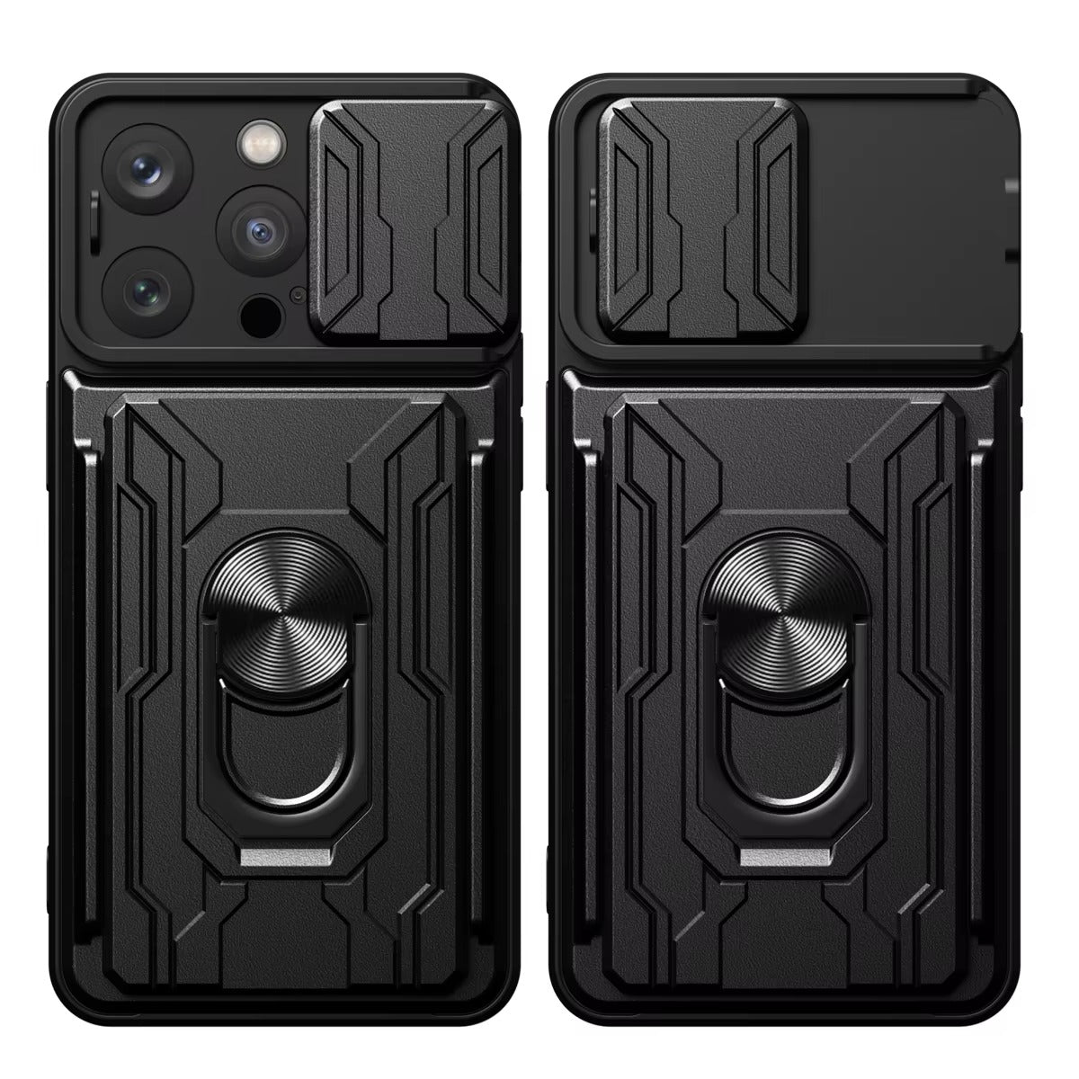 Rugged iPhone Heavy Duty Case with Card Pocket — Dual Layer Shockproof Armor Cover, 360° Ring Stand Holder, Magnetic Mount Compatible, Full Edge Protection