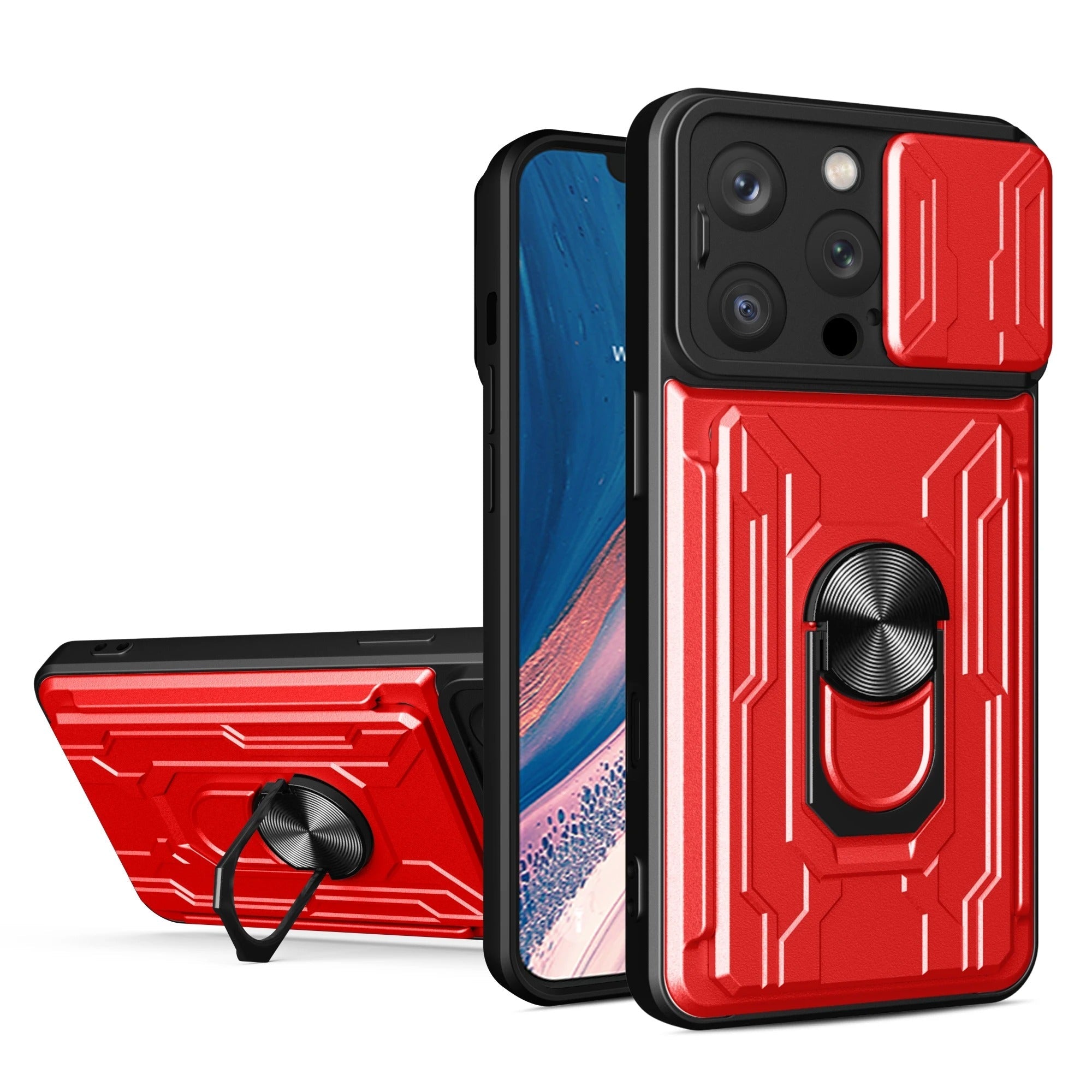 Rugged iPhone Heavy Duty Case with Card Pocket — Dual Layer Shockproof Armor Cover, 360° Ring Stand Holder, Magnetic Mount Compatible, Full Edge Protection