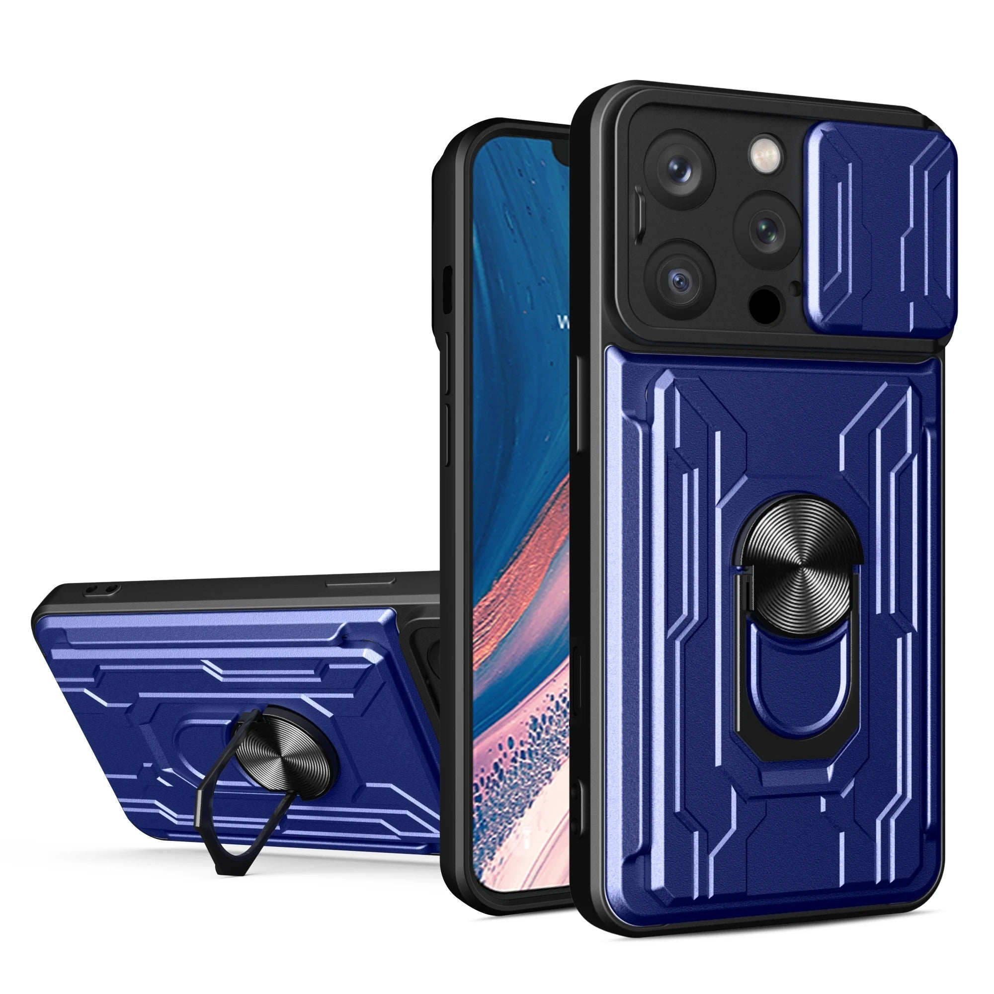 Rugged iPhone Heavy Duty Case with Card Pocket — Dual Layer Shockproof Armor Cover, 360° Ring Stand Holder, Magnetic Mount Compatible, Full Edge Protection