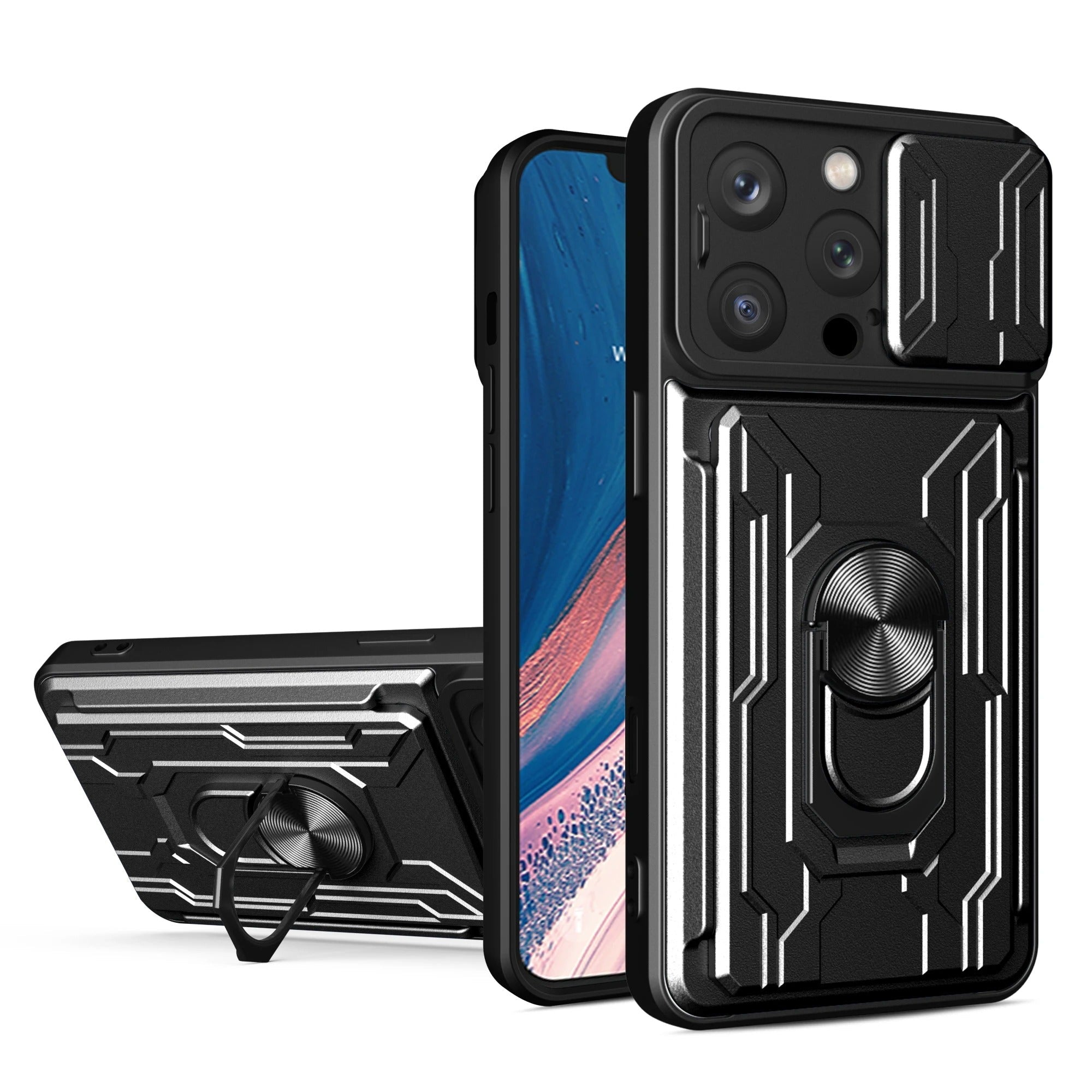 Rugged iPhone Heavy Duty Case with Card Pocket — Dual Layer Shockproof Armor Cover, 360° Ring Stand Holder, Magnetic Mount Compatible, Full Edge Protection
