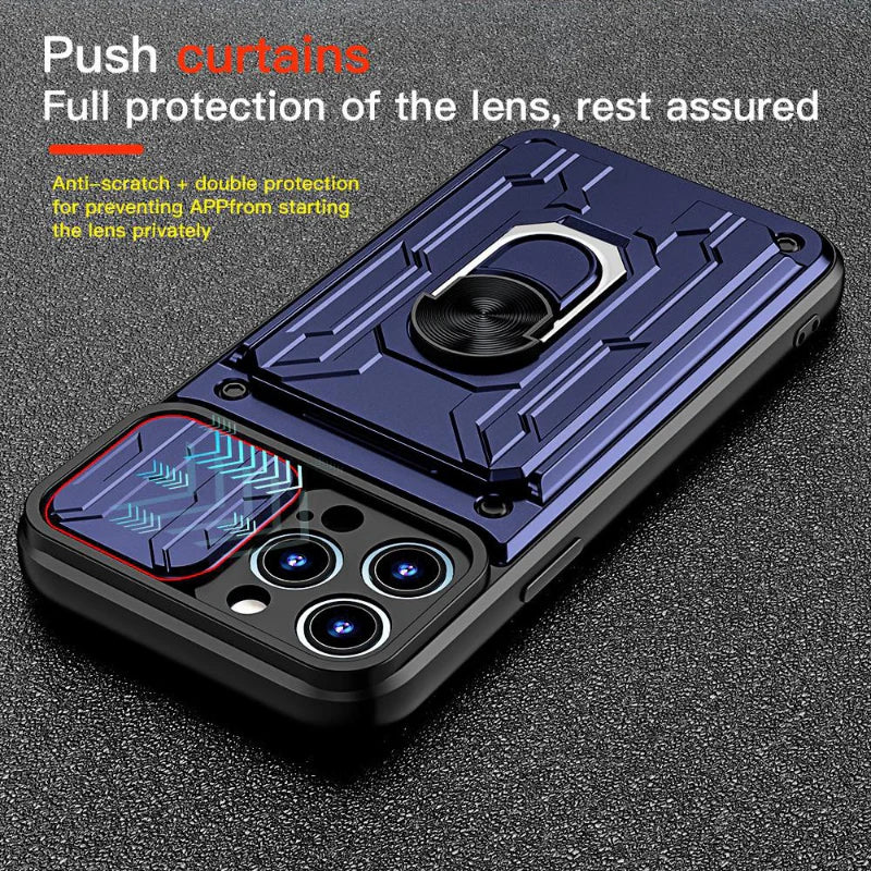 Rugged iPhone Heavy Duty Case with Card Pocket — Dual Layer Shockproof Armor Cover, 360° Ring Stand Holder, Magnetic Mount Compatible, Full Edge Protection