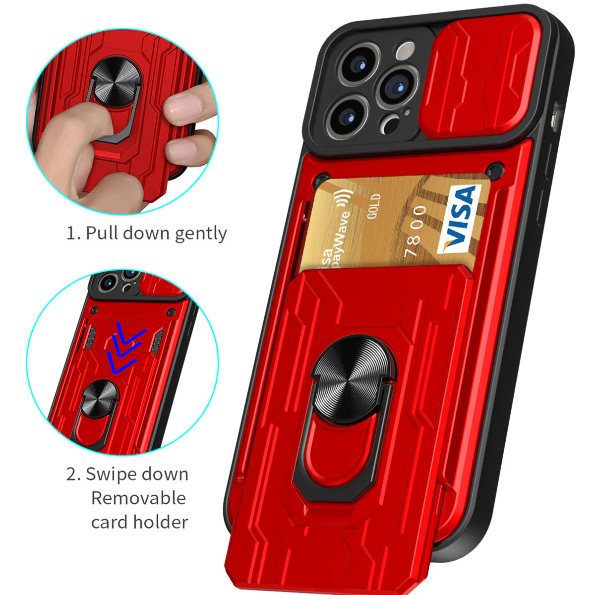 Rugged iPhone Heavy Duty Case with Card Pocket — Dual Layer Shockproof Armor Cover, 360° Ring Stand Holder, Magnetic Mount Compatible, Full Edge Protection