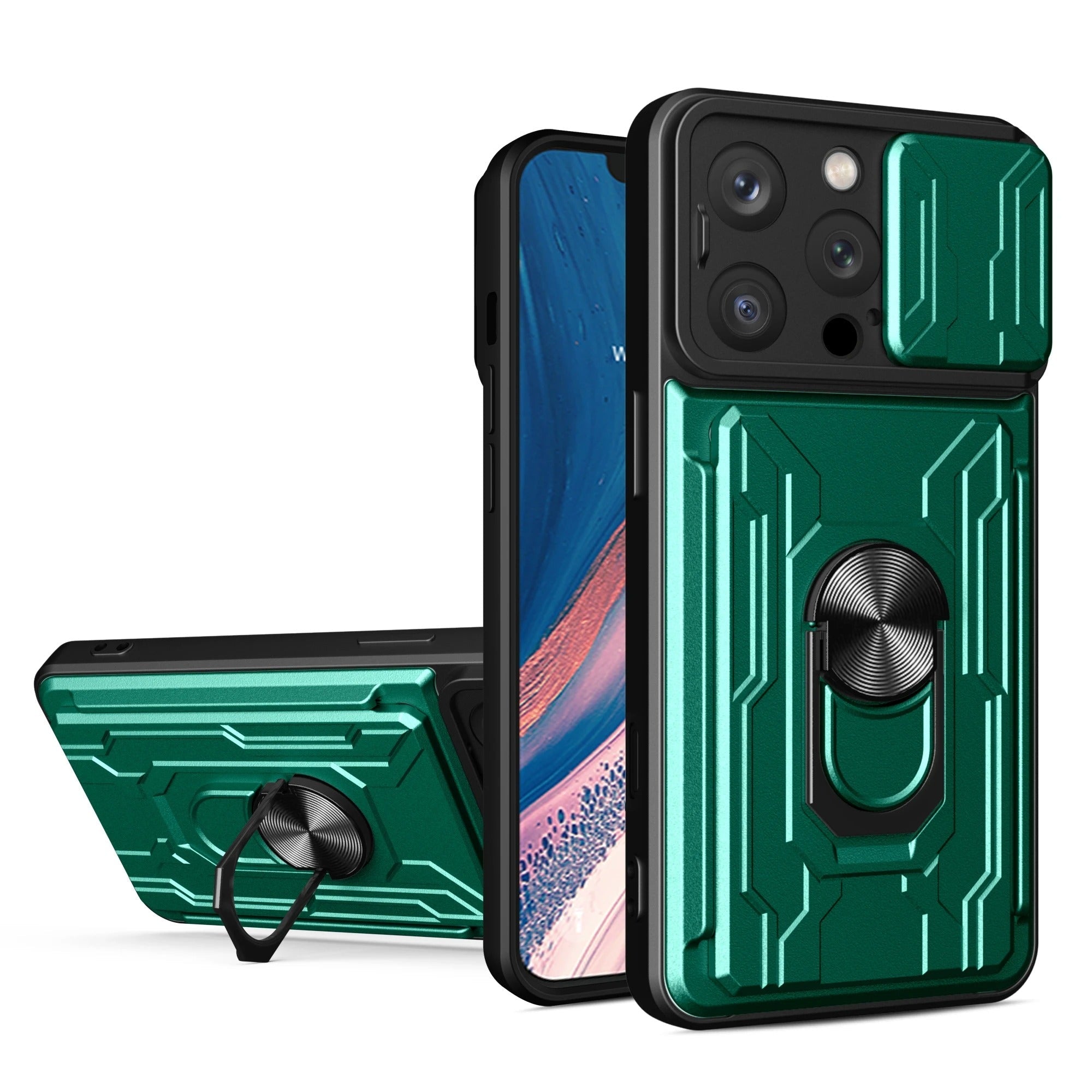Rugged iPhone Heavy Duty Case with Card Pocket — Dual Layer Shockproof Armor Cover, 360° Ring Stand Holder, Magnetic Mount Compatible, Full Edge Protection
