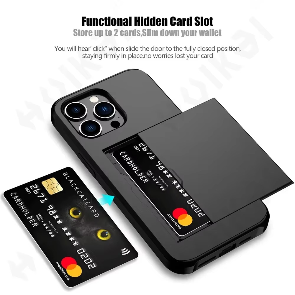 Rugged iPhone Case — Slide Wallet Armor Cover with Card Slots, Shockproof Dual-Layer Heavy-Duty Protection and Anti-Fingerprint Scratch-Resistant Non-Slip Design